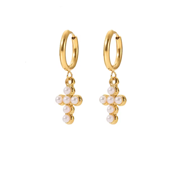 Pearl Cross Hoops