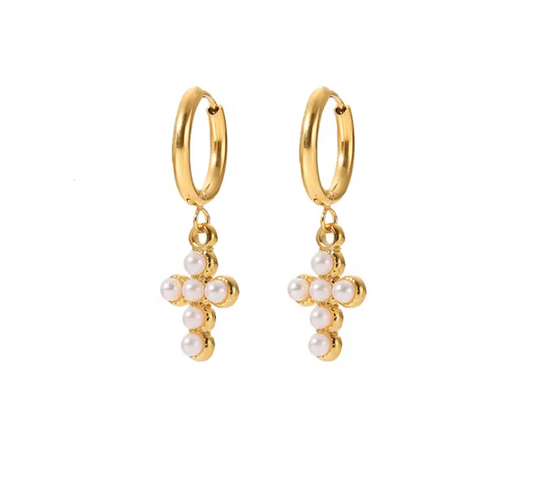 Pearl Cross Hoops